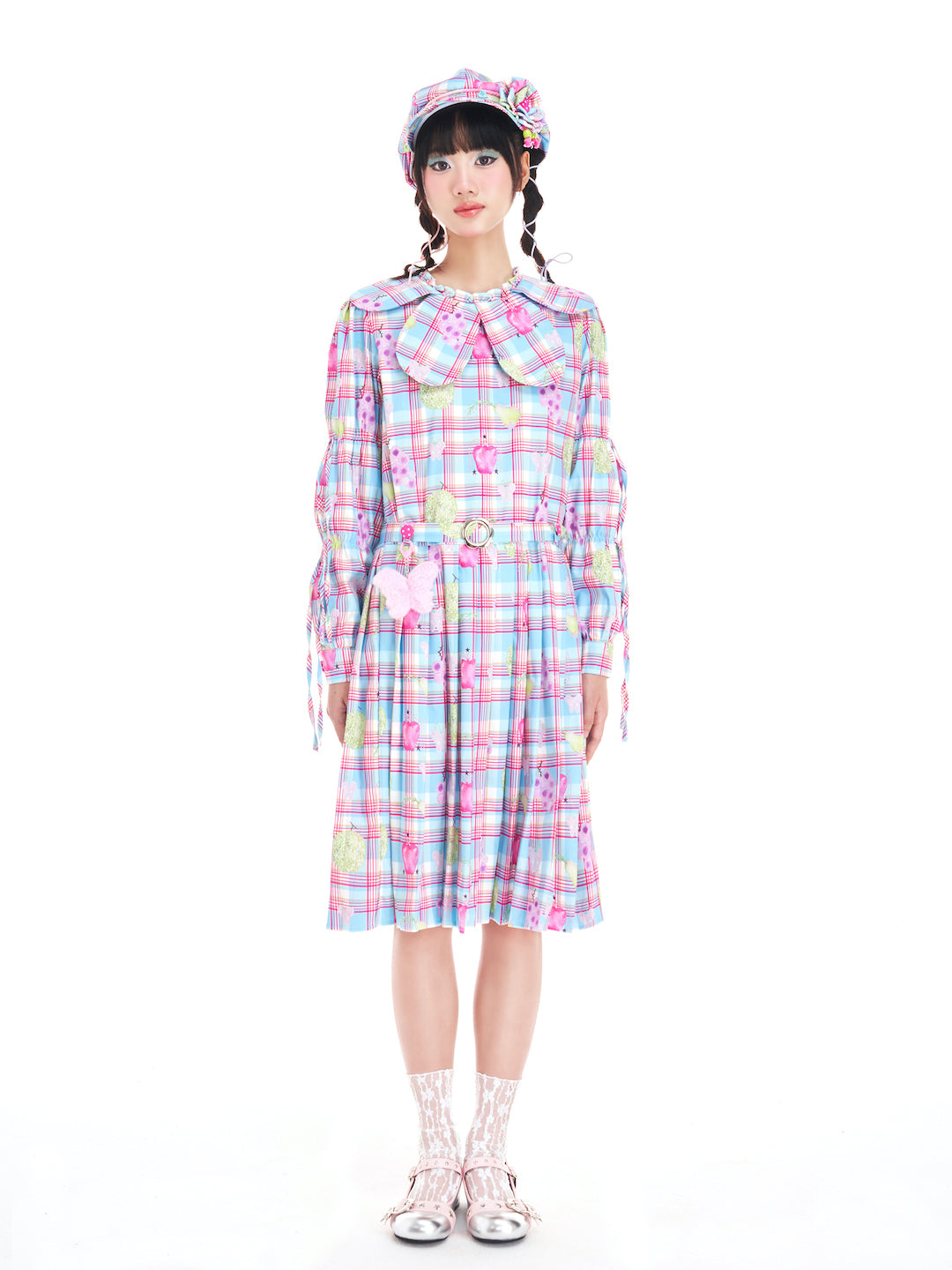 Kawaii Petal Collar Fruit Plaid Dress