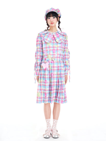 Kawaii Petal Collar Fruit Plaid Dress