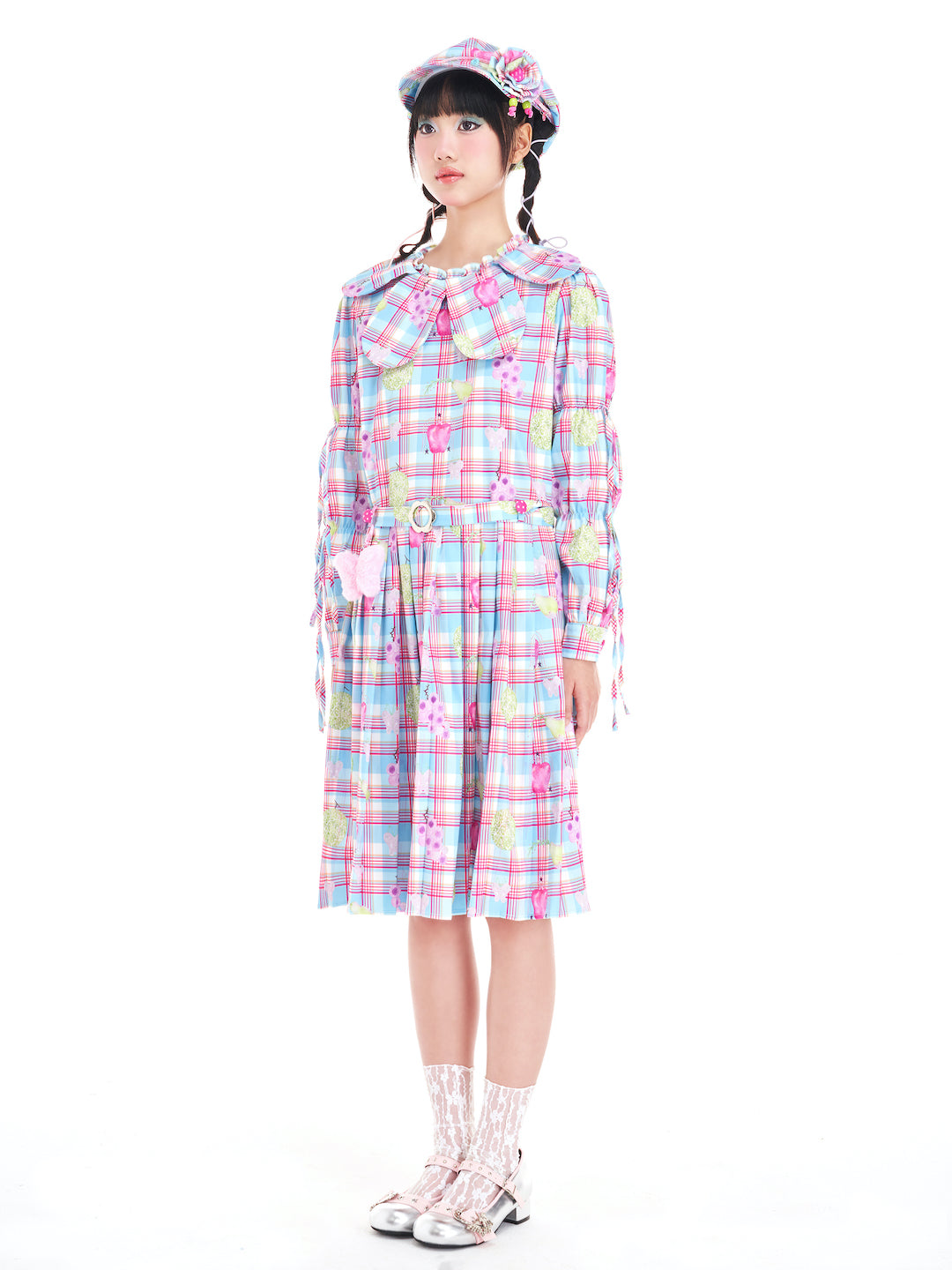 Kawaii Petal Collar Fruit Plaid Dress