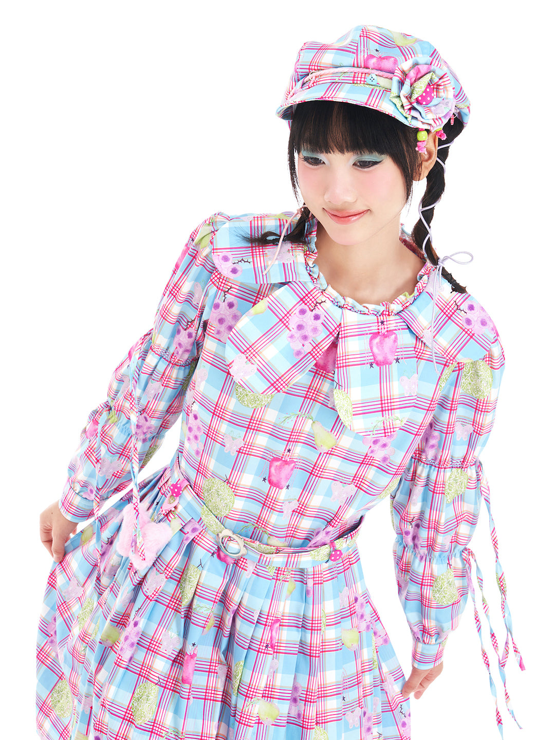 Kawaii Petal Collar Fruit Plaid Dress