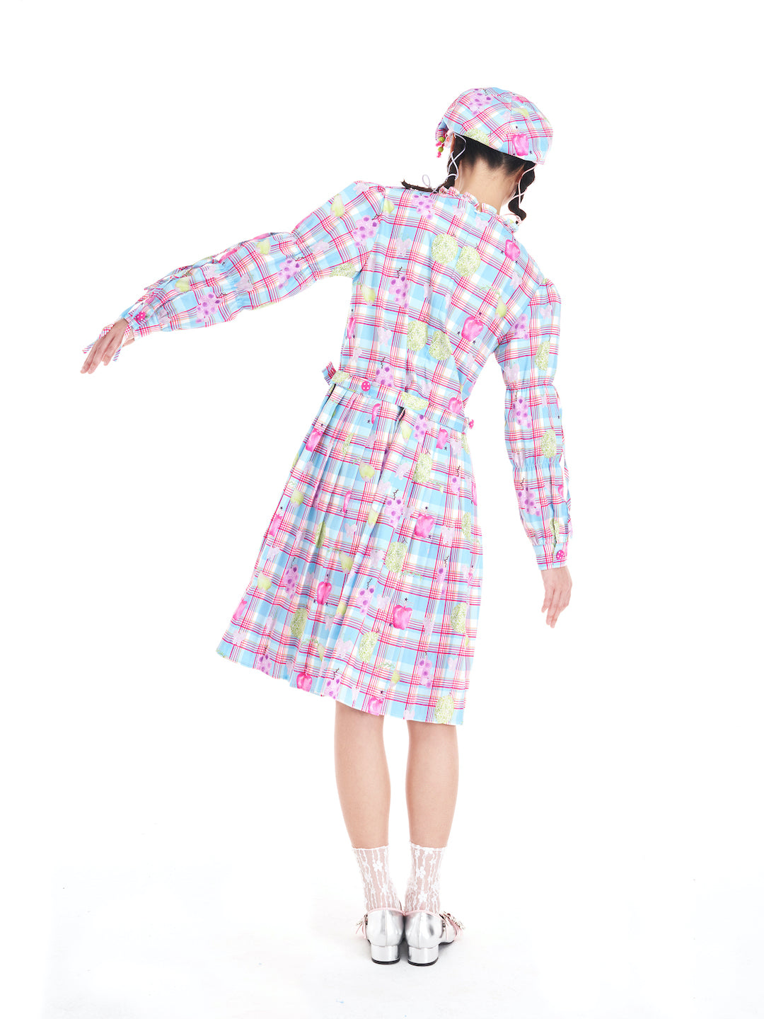 Kawaii Petal Collar Fruit Plaid Dress