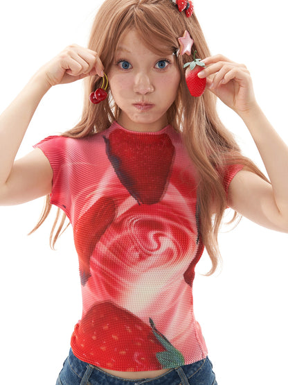 Kawaii Strawberry Milkshake Pleated Top