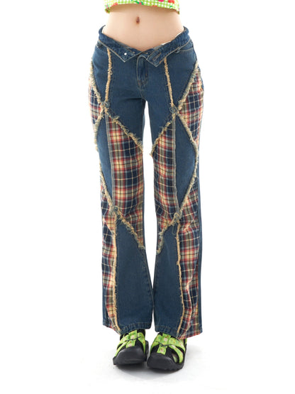 Plaid Patch Tussle Flared Jeans