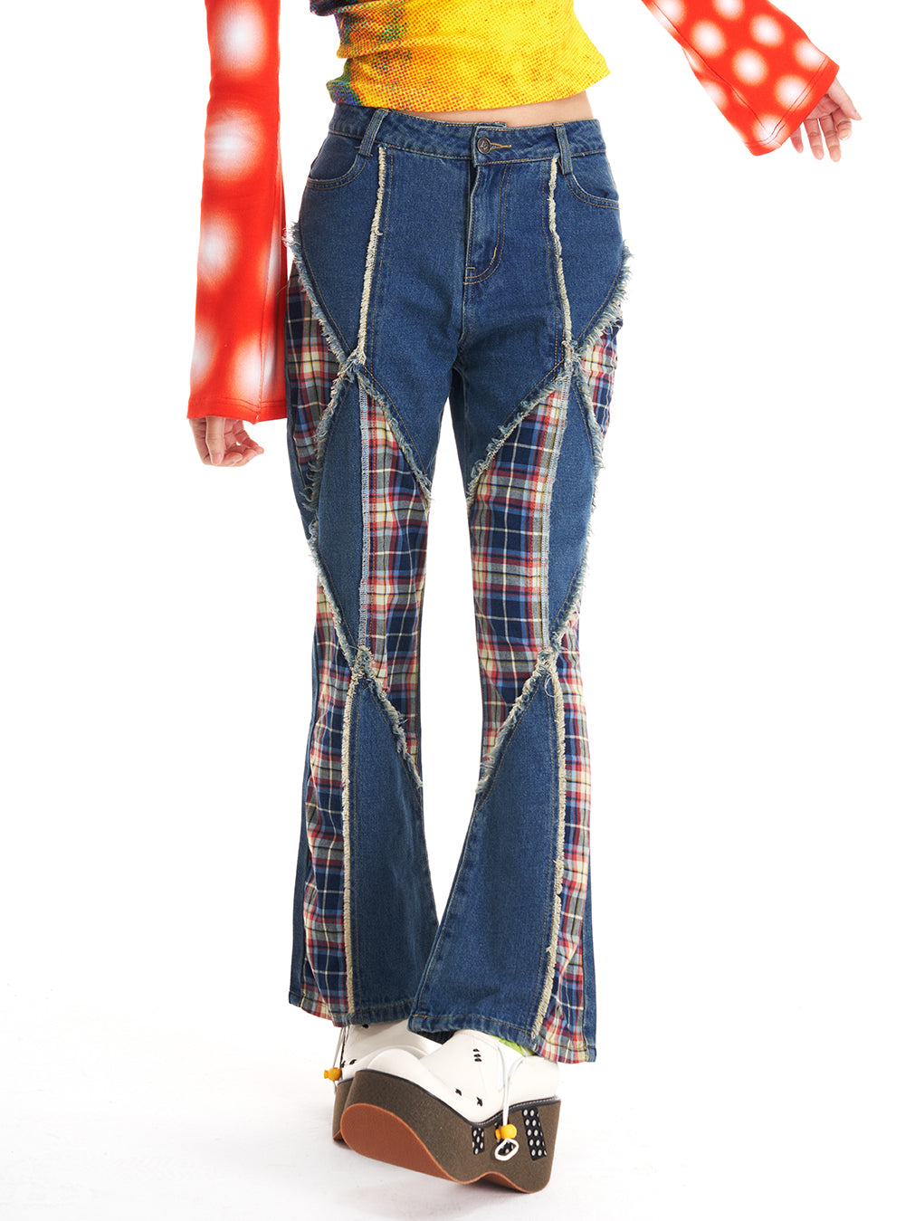 Plaid Patch Tussle Flared Jeans