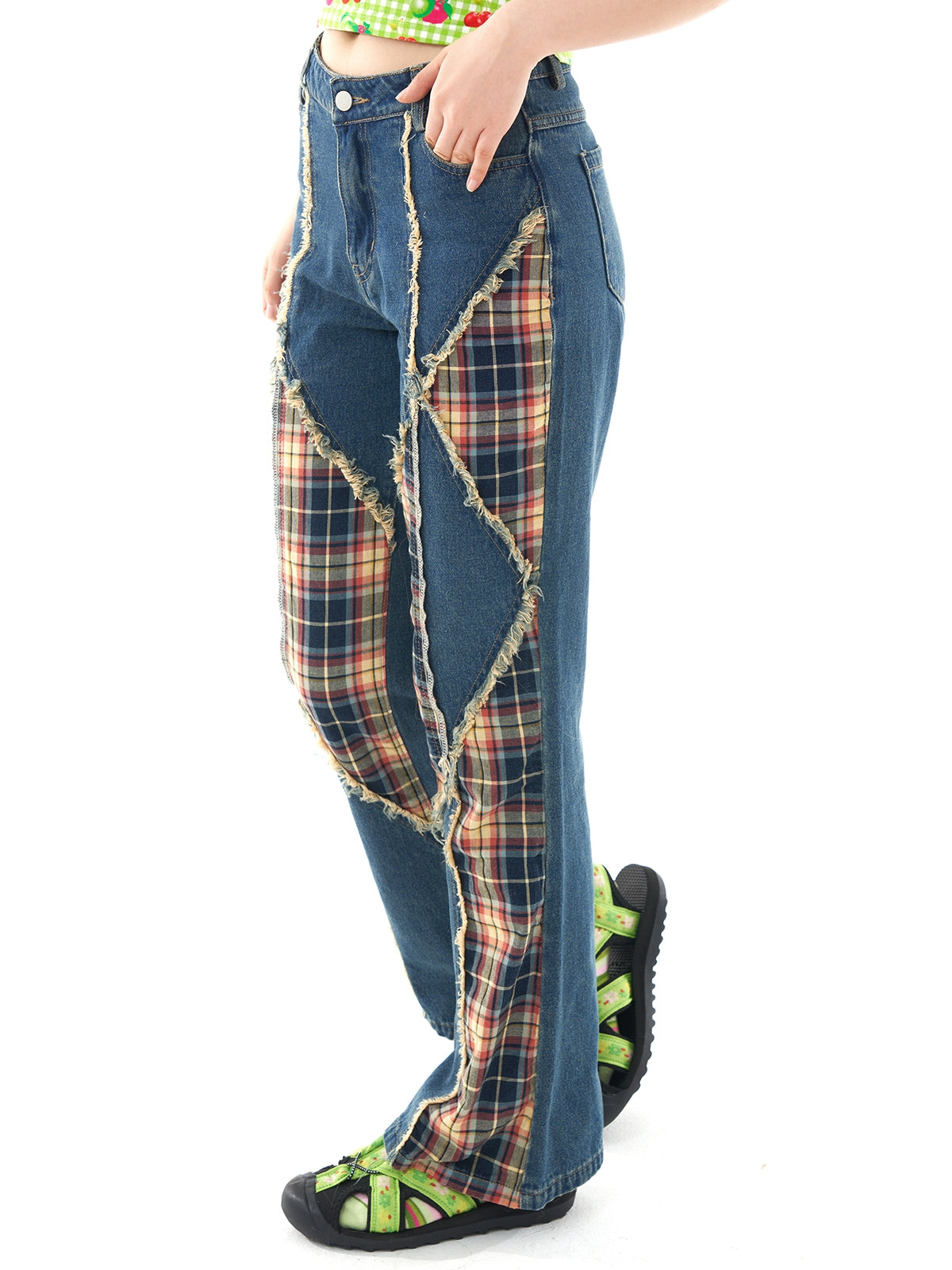 Plaid Patch Tussle Flared Jeans