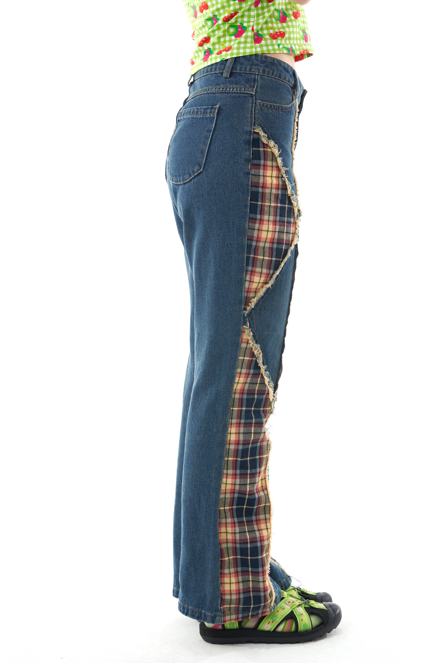 Plaid Patch Tussle Flared Jeans