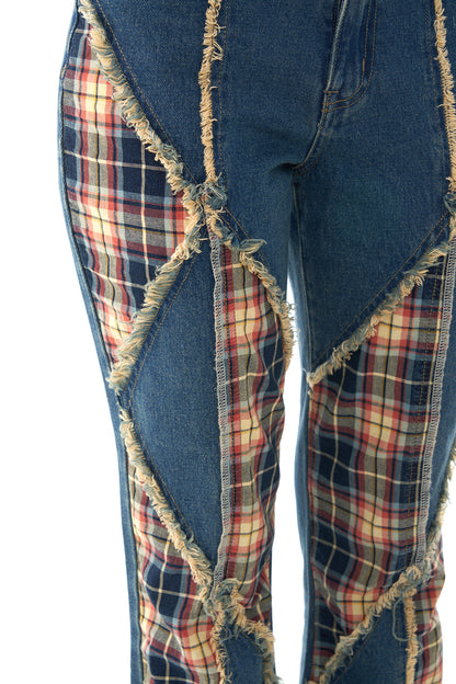 Plaid Patch Tussle Flared Jeans