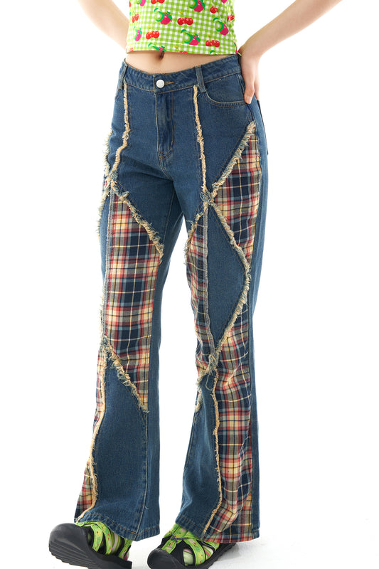 Plaid Patch Tussle Flared Jeans