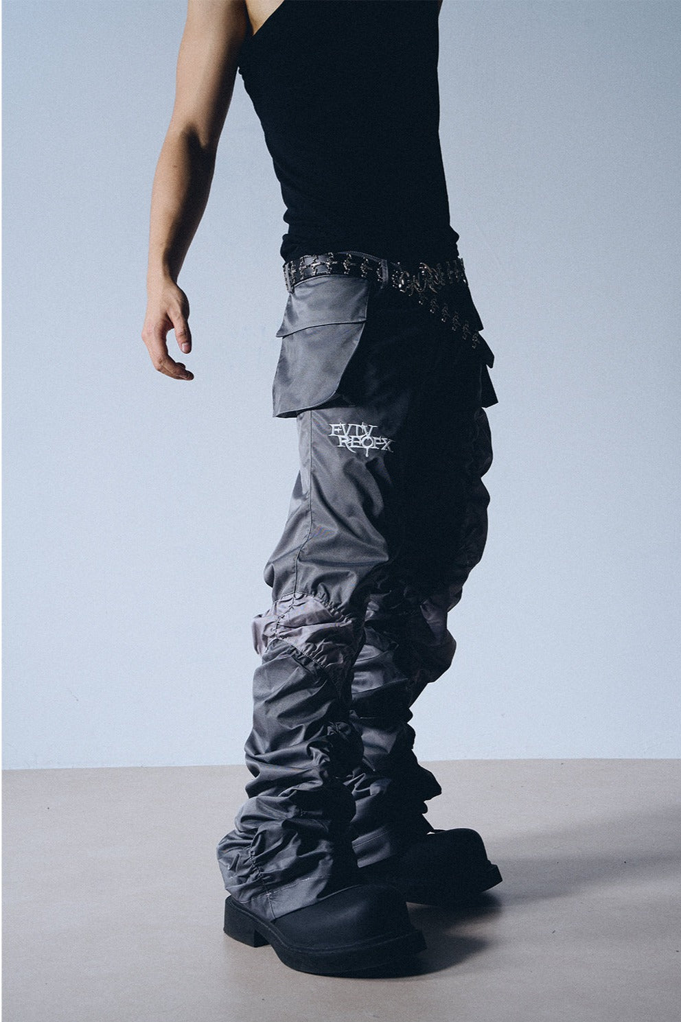 Grey Contrast Panel Drawstring Cargo Pants