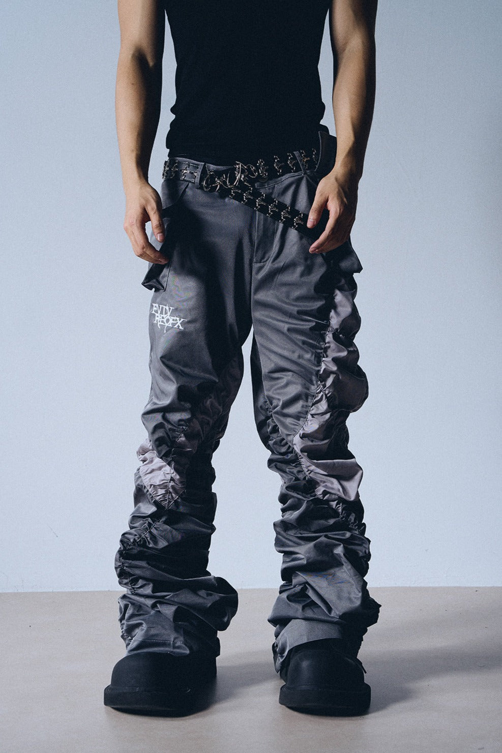 Grey Contrast Panel Drawstring Cargo Pants