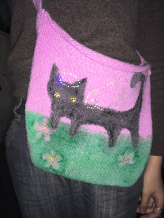 Fuzzy Black Angel Cat Knit Bag