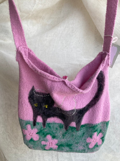 Fuzzy Black Angel Cat Knit Bag