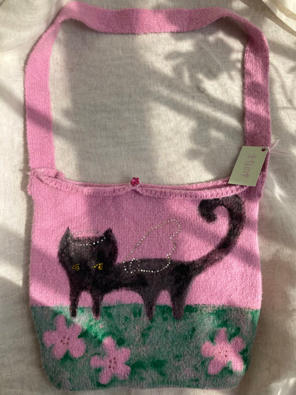 Fuzzy Black Angel Cat Knit Bag