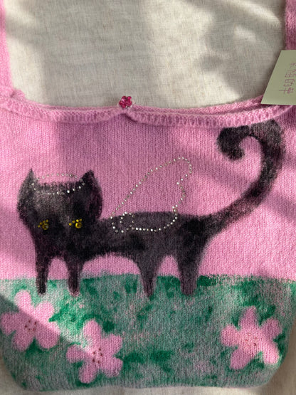 Fuzzy Black Angel Cat Knit Bag