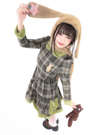 Kawaii Bunny Grass Plaid Dress