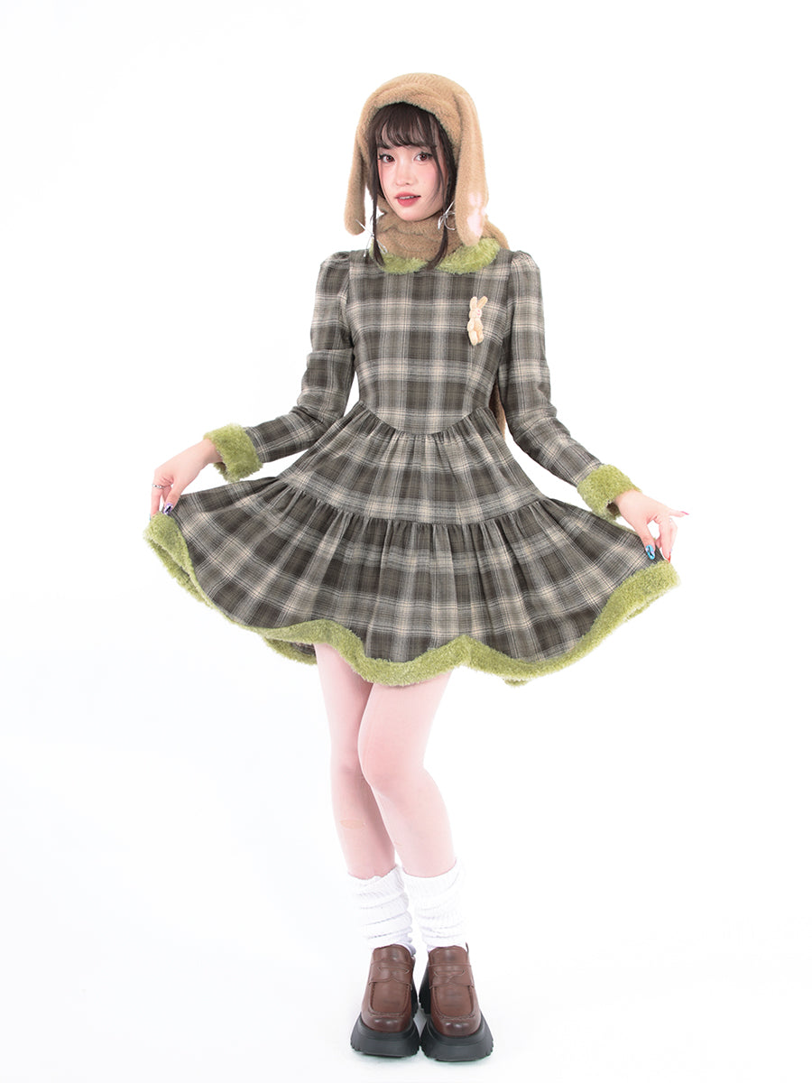 Kawaii Bunny Grass Plaid Dress