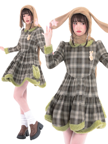 Kawaii Bunny Grass Plaid Dress