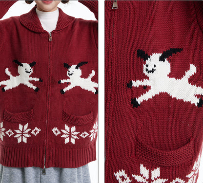 Symmetric Sheep Snowflake Zip-Up Knitted Cardigan