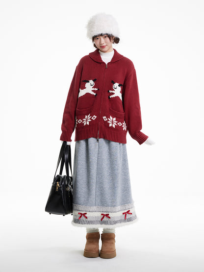 Symmetric Sheep Snowflake Zip-Up Knitted Cardigan