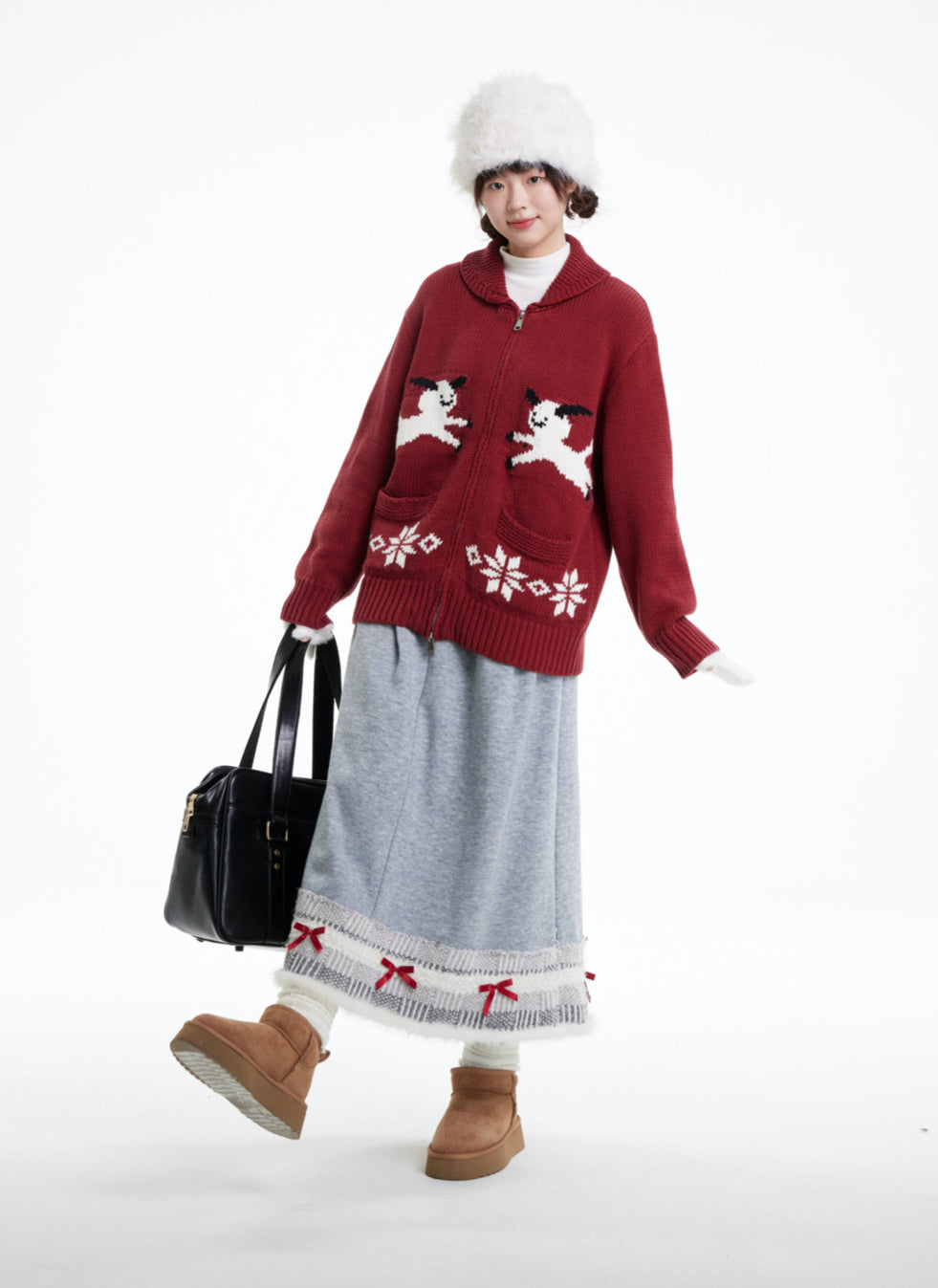 Symmetric Sheep Snowflake Zip-Up Knitted Cardigan