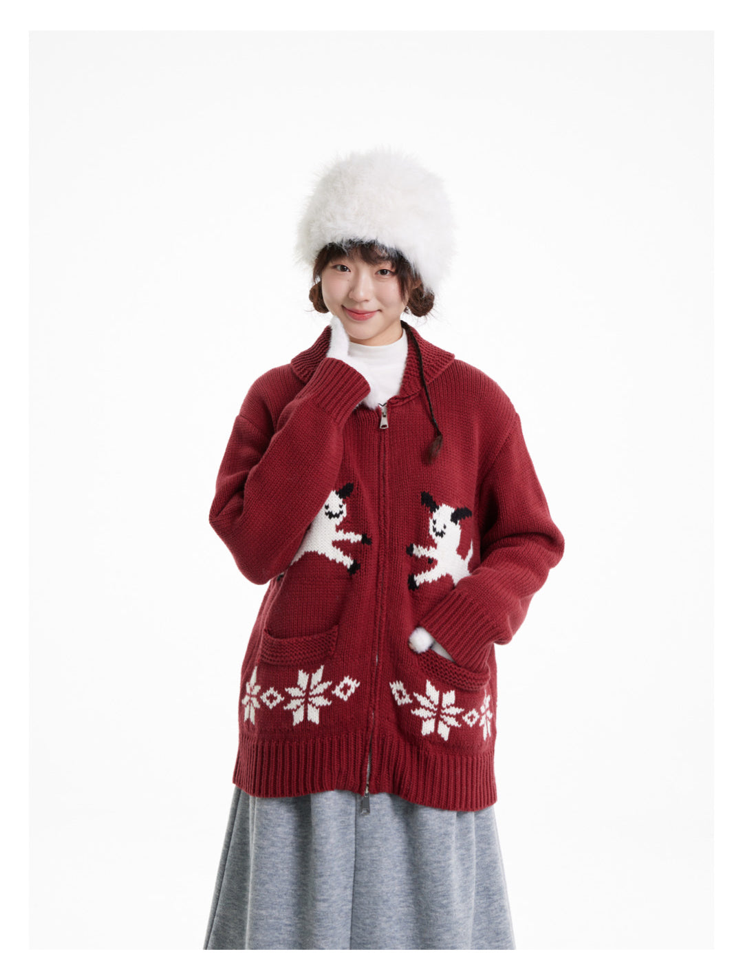 Symmetric Sheep Snowflake Zip-Up Knitted Cardigan