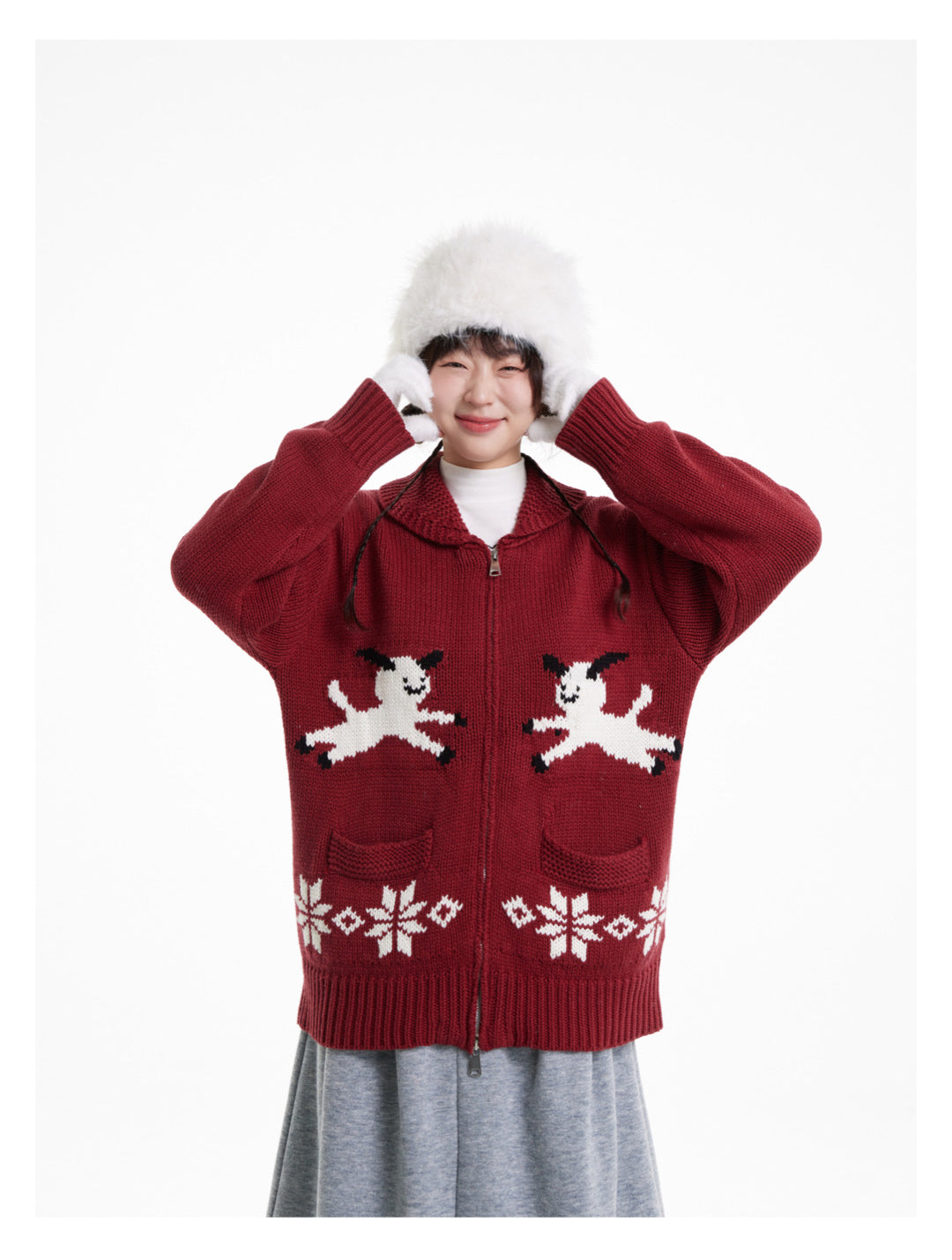 Symmetric Sheep Snowflake Zip-Up Knitted Cardigan