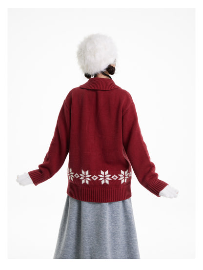 Symmetric Sheep Snowflake Zip-Up Knitted Cardigan