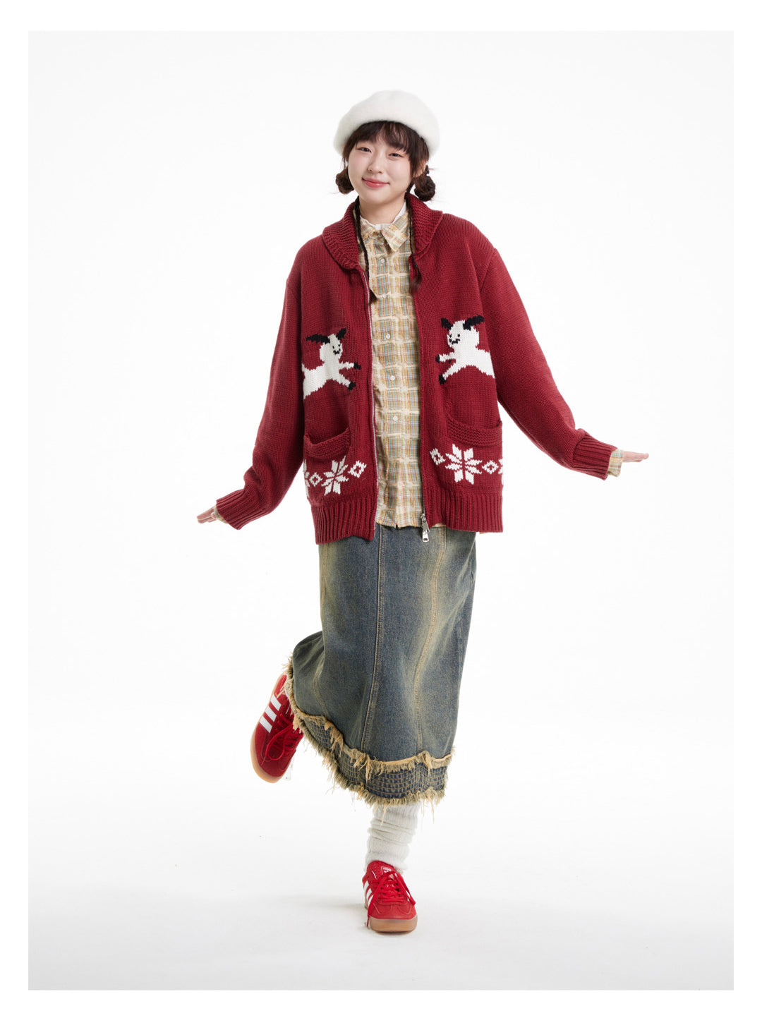 Symmetric Sheep Snowflake Zip-Up Knitted Cardigan