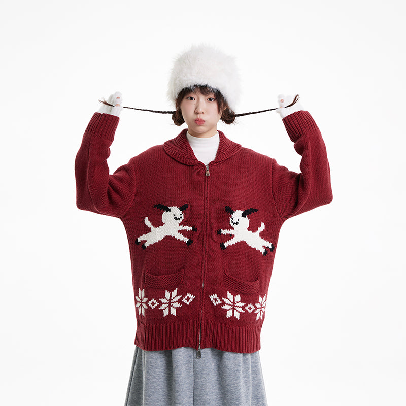 Symmetric Sheep Snowflake Zip-Up Knitted Cardigan