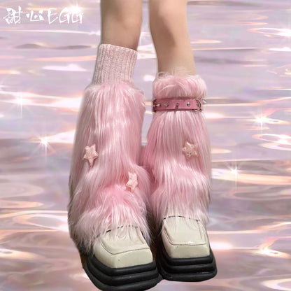 Kawaii Pink Fur Stars Leg Warmers