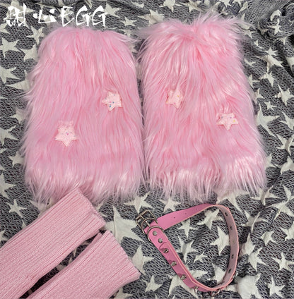 Kawaii Pink Fur Stars Leg Warmers