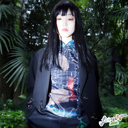 Futuristic Fish Tank Puff-Sleeve Cheongsam Mesh Shirt