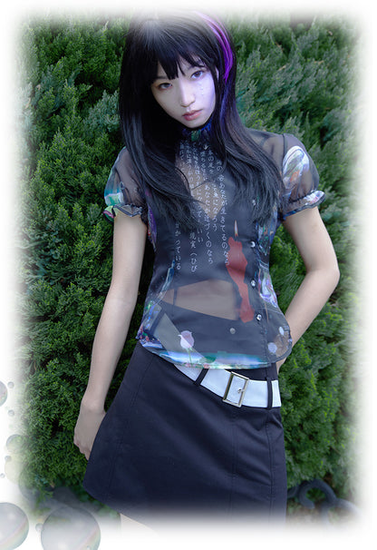 Futuristic Fish Tank Puff-Sleeve Cheongsam Mesh Shirt