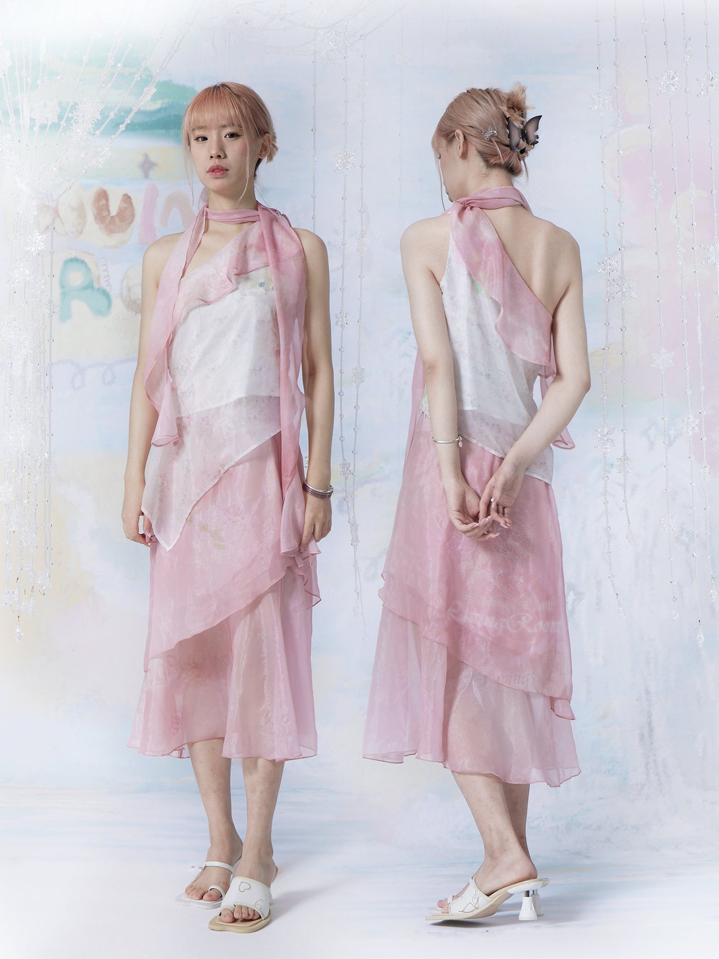 Rosy Asymmetric Glitter Chiffon Skirt