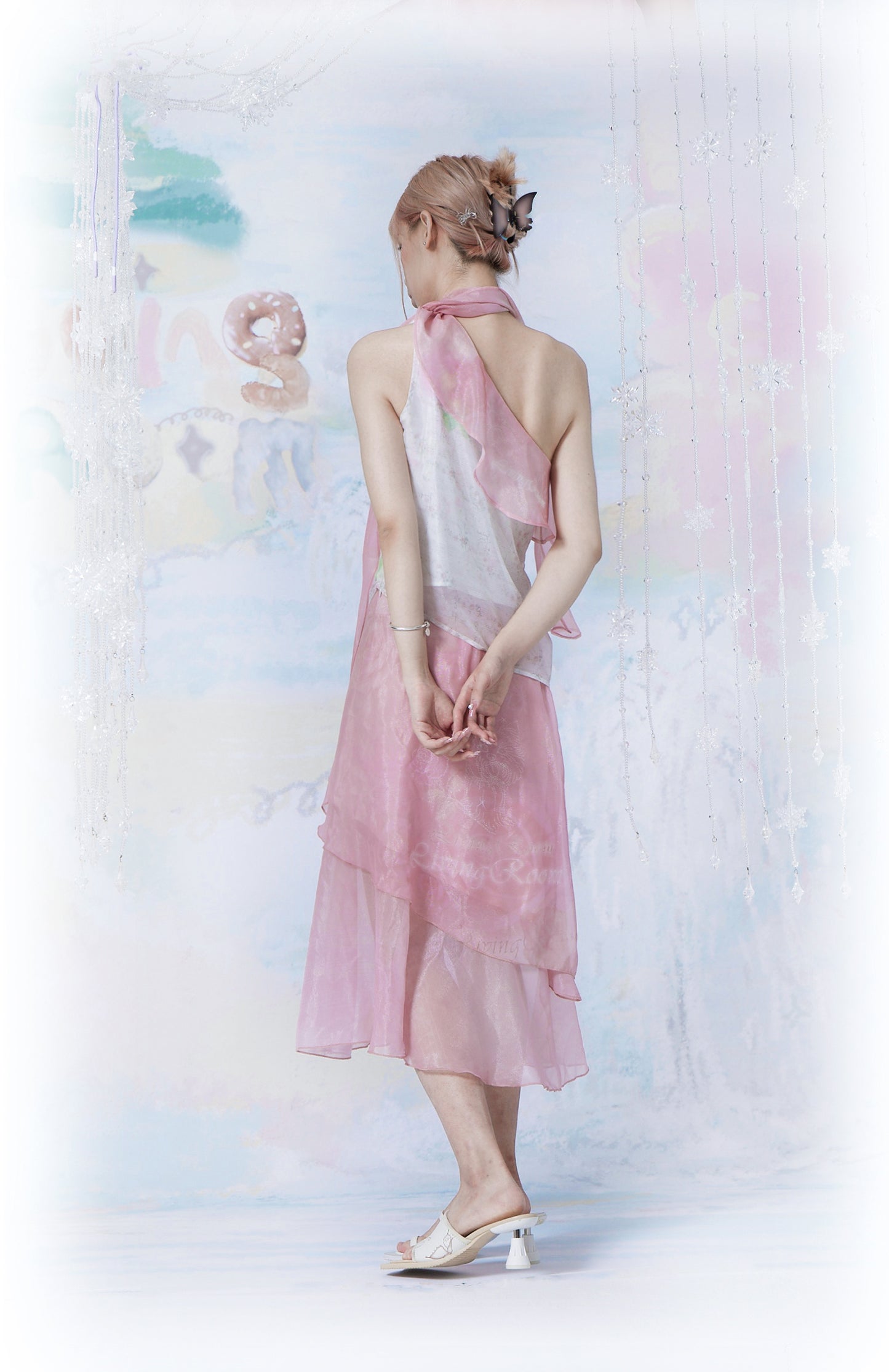 Rosy Asymmetric Glitter Chiffon Skirt