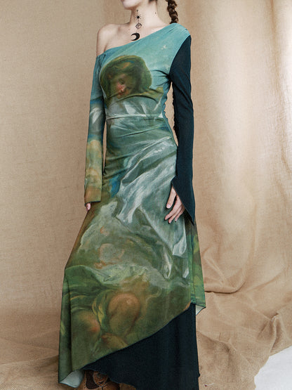 Victorian Tortoise Asymmetric Shoulder Portrait Maxi Dress