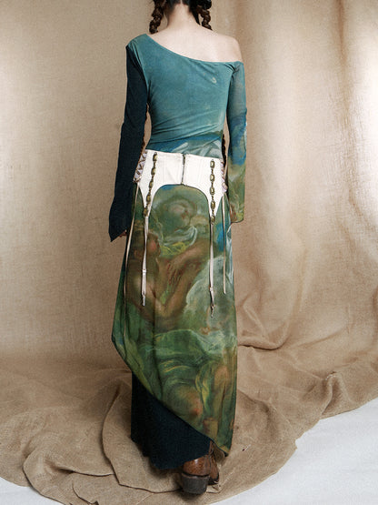 Victorian Tortoise Asymmetric Shoulder Portrait Maxi Dress