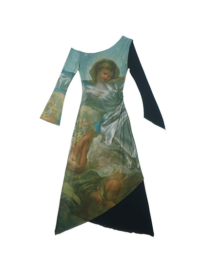 Victorian Tortoise Asymmetric Shoulder Portrait Maxi Dress