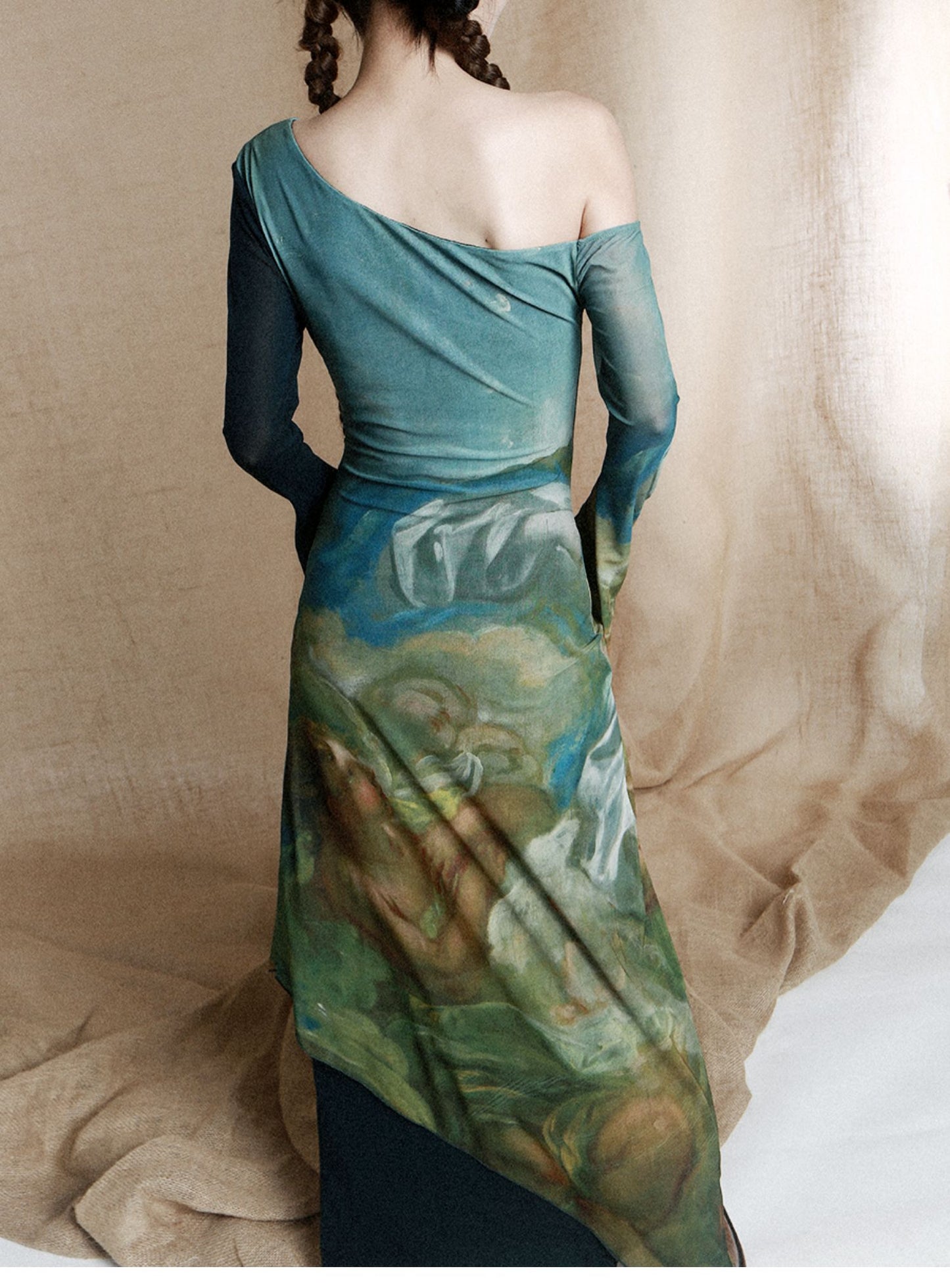 Victorian Tortoise Asymmetric Shoulder Portrait Maxi Dress