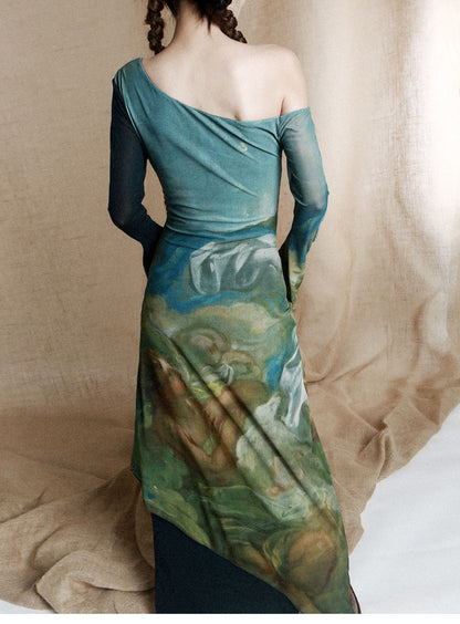 Victorian Tortoise Asymmetric Shoulder Portrait Maxi Dress