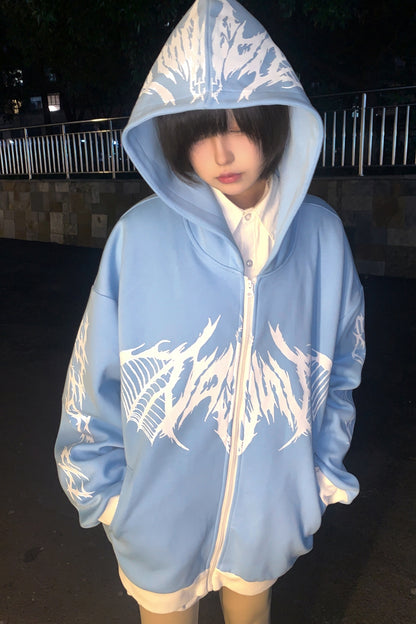 Pale Blue Tribal Print Oversize Zip-Up Hoodie