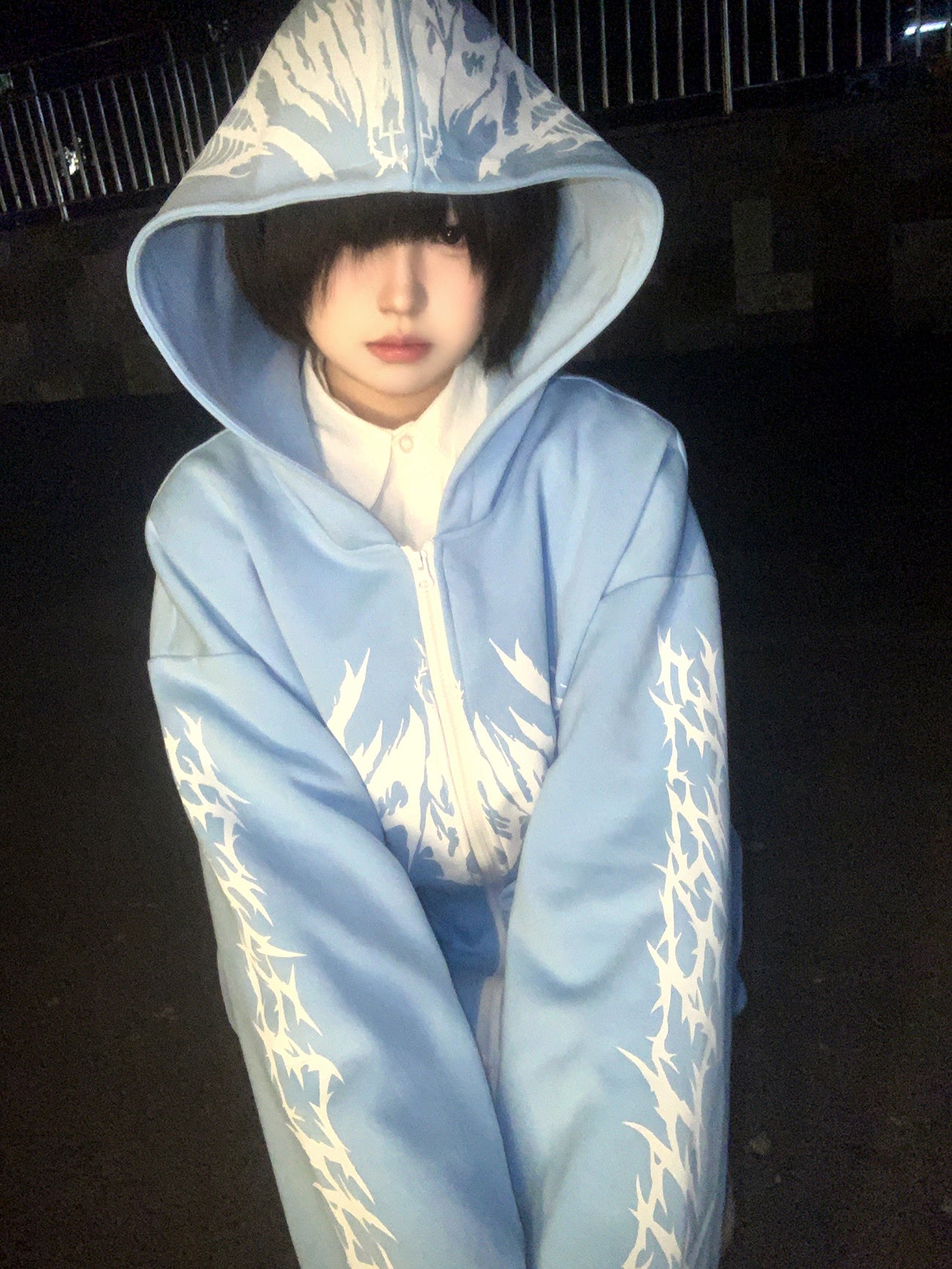 Pale Blue Tribal Print Oversize Zip-Up Hoodie