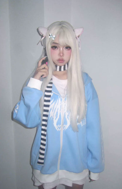 Pale Blue Tribal Print Oversize Zip-Up Hoodie