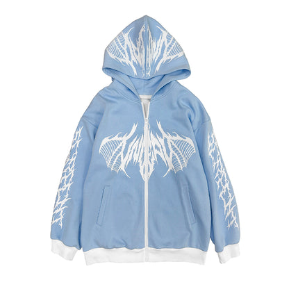 Pale Blue Tribal Print Oversize Zip-Up Hoodie