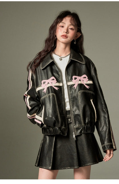 Pink Bow Tie Oversized Vegan Leather Jacket