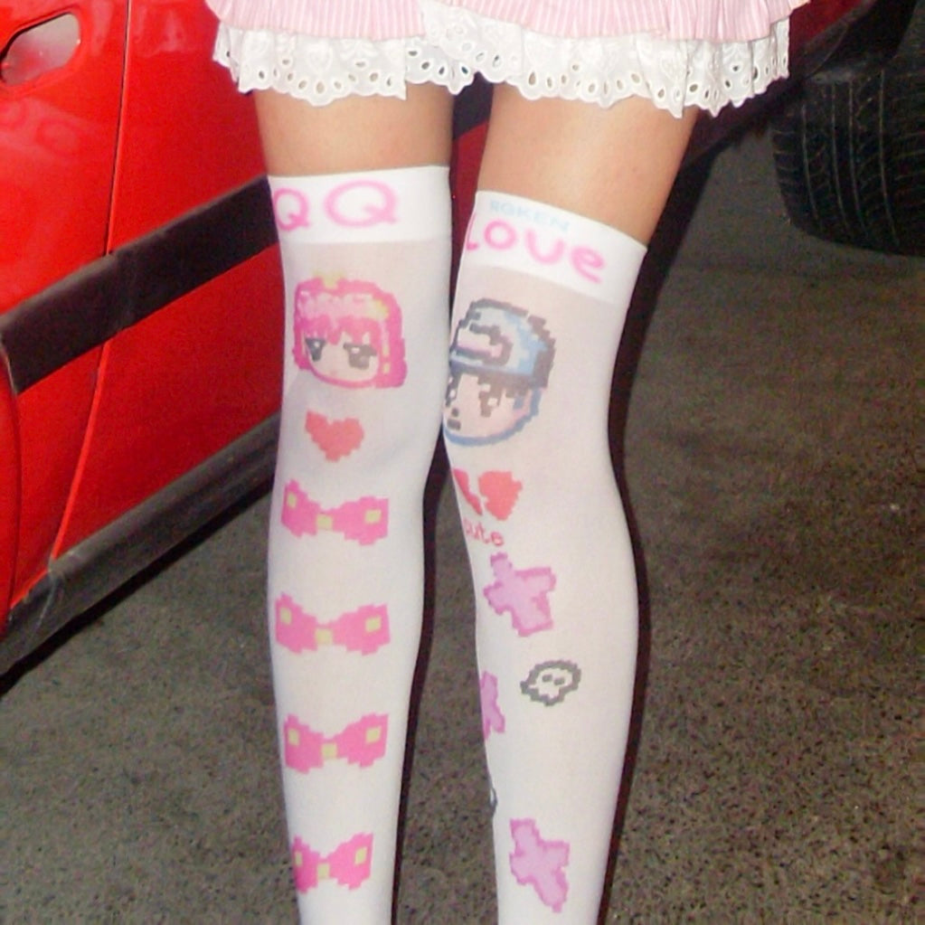 Y2K QQ Love White Thigh High Socks