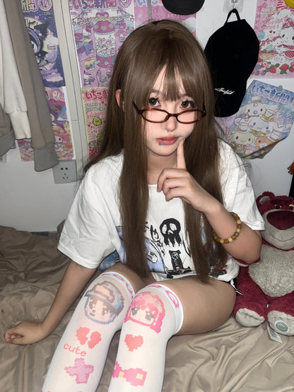 Y2K QQ Love White Thigh High Socks