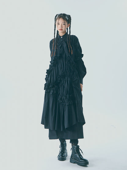 Black Ruffled Button Up Cotton Maxi Shirt Dress