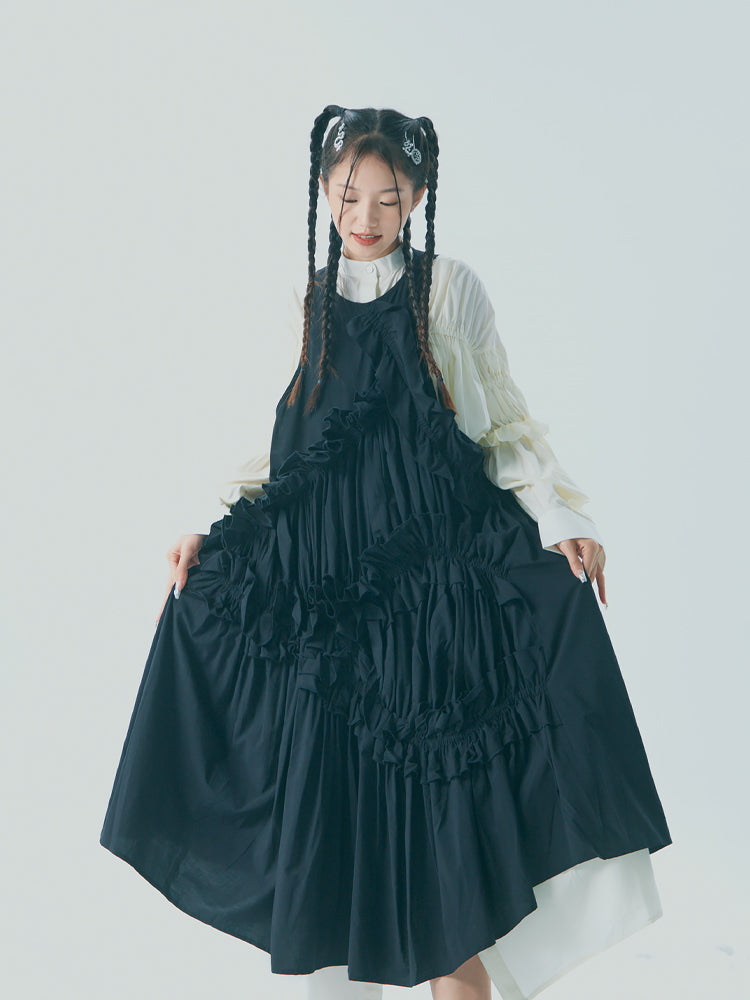 Black Ruffled Asymmetric Cotton Maxi Vest Dress Glitch Cupids Black Ruffled Asymmetric Cotton Maxi Vest Dress Glitch Cupids