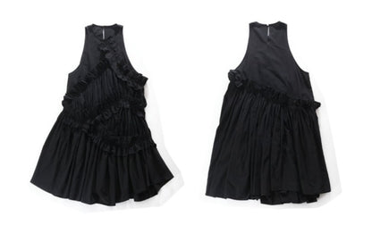 Black Ruffled Asymmetric Cotton Maxi Vest Dress